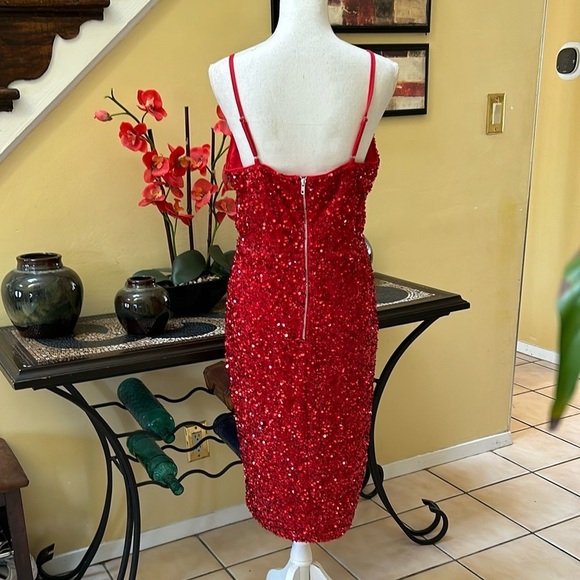 Women’s Red Sequin Thigh Slit Sleeveless Spaghetti Strap Cocktail Party Dress XL - Picture 10 of 14